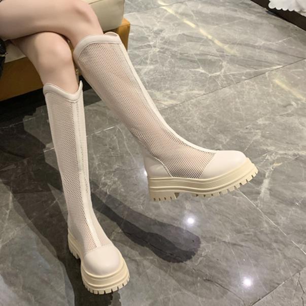 Women's High Boots Fashion Round Head Mesh Cloth Back Zipper Waterproof Platform Anti-slip Wear-resistant Kitten Heels