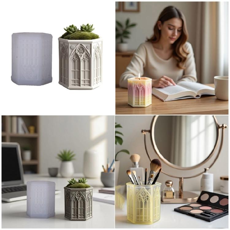 Multi Purpose Silicone Church Window Makeup Brush Cup Mold For Resin Art Epoxy Crafts Decorative Plant Container