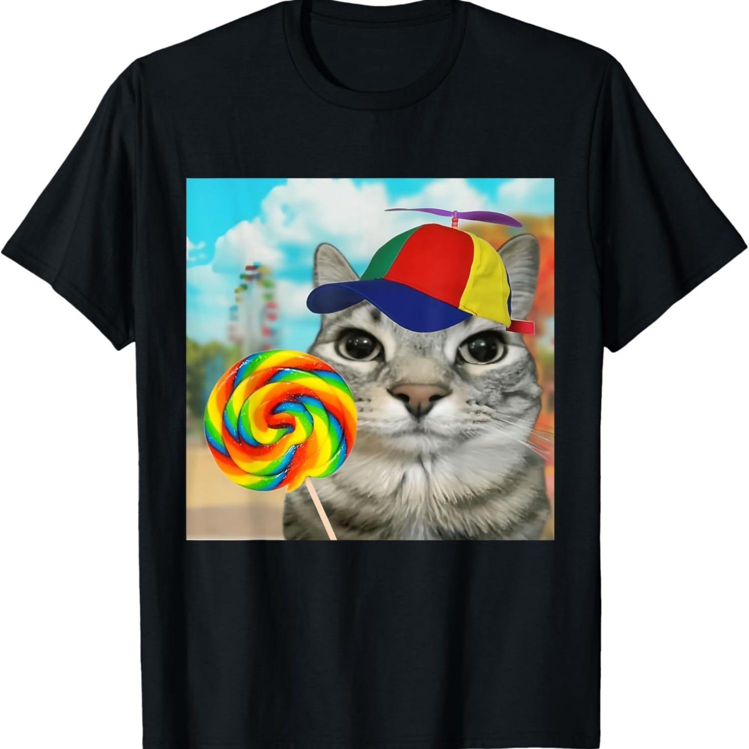 Cat Holding Candy Lollipop Funny Propeller Kitten Meme Joke T-Shirt S чёрный