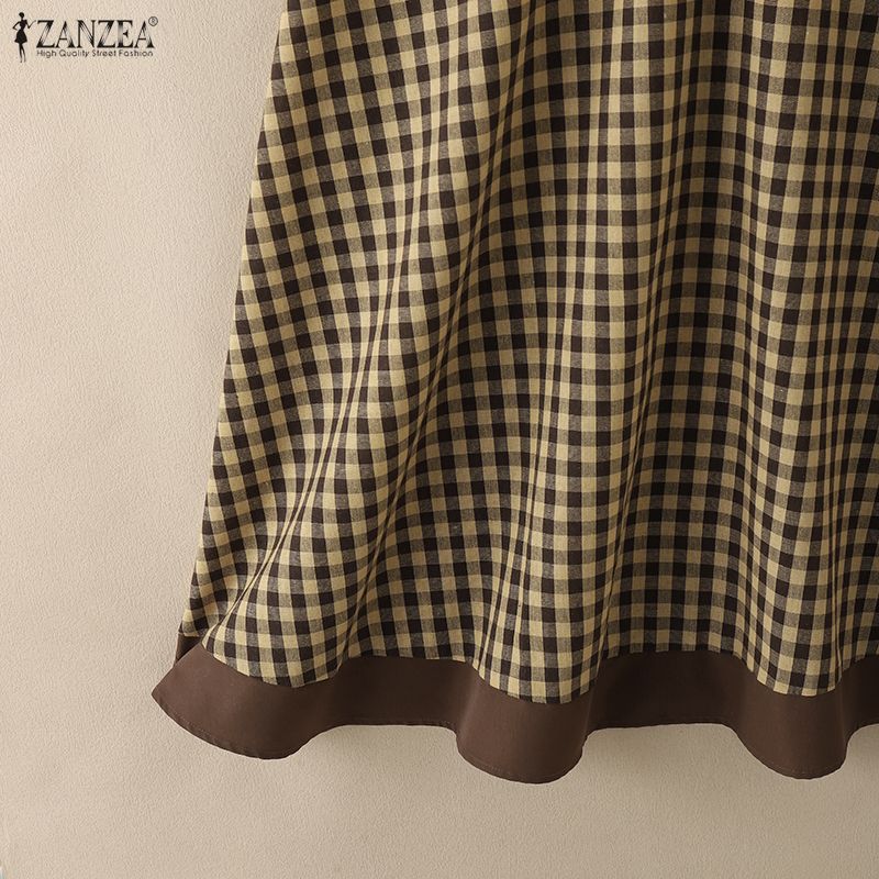 ZANZEA Damen Freizeit Langkleid mit Umlegekragen und Karomuster, Kurzarm