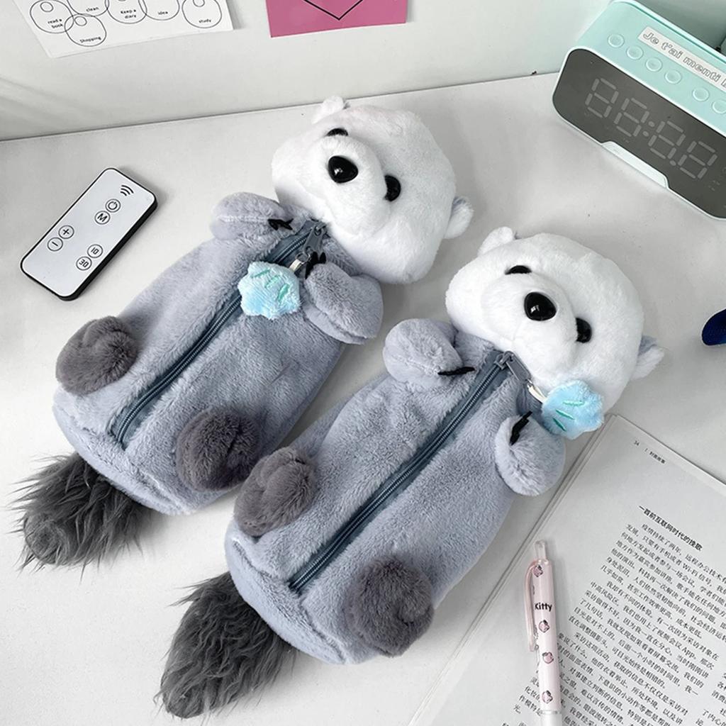 Plush Otter Pencil Case Large Capacity, Expandable Portable Cosmetic Stationery Bag For Students, Soft Plush
