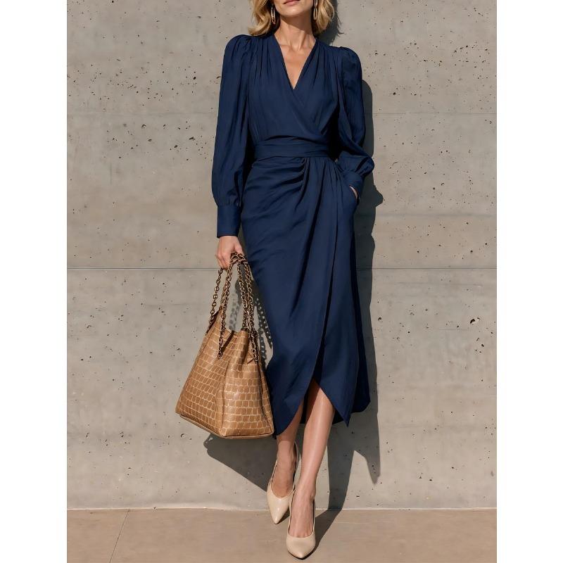 Women S V Neck Long Sleeve Wrap Tie Waist Long Dress