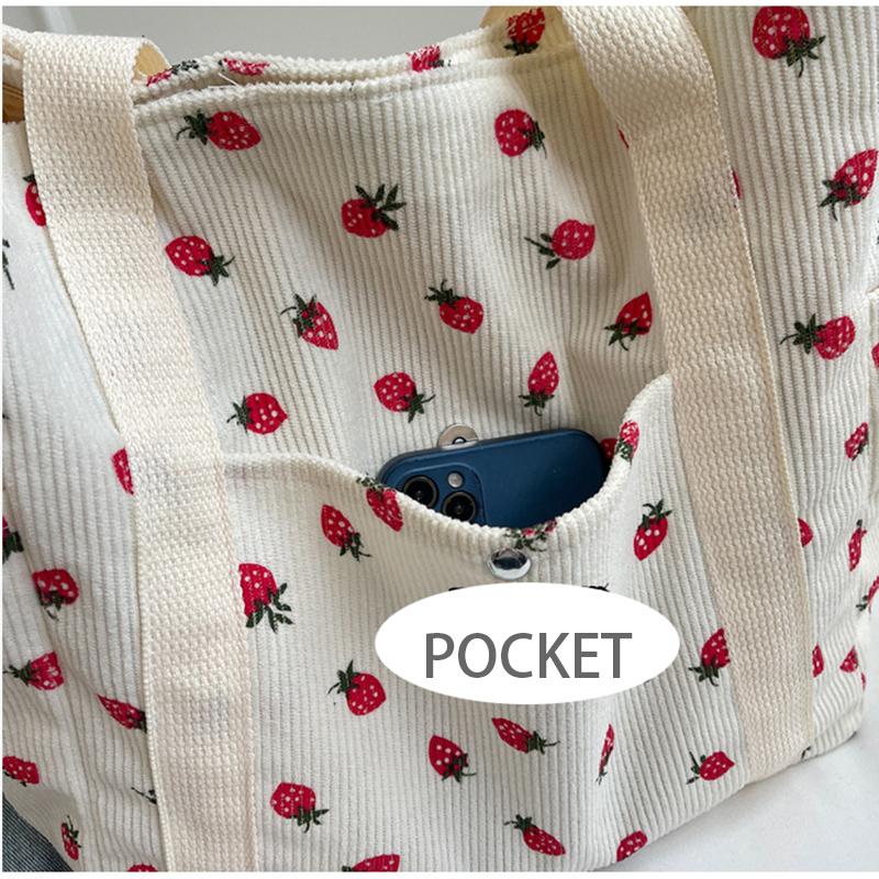 Strawberries Corduroy Handbag Sweet Women's Bag Fashionable Versatile Shoulder Bag Beautiful Simple Commuter Women's Tote Shopping Bags