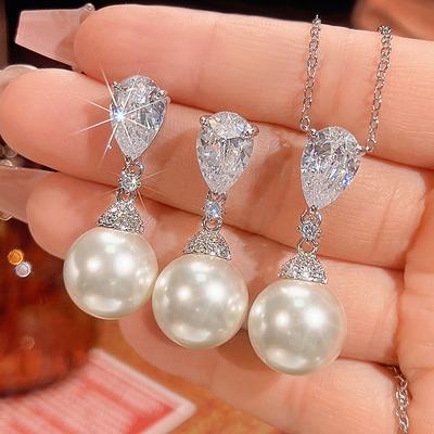 Biżuteria Miedziana Podstawa Pozłacana Inkrustowana Białym Diamentem Perła Temperament Zestaw z Frędzlami Damski 14Mm