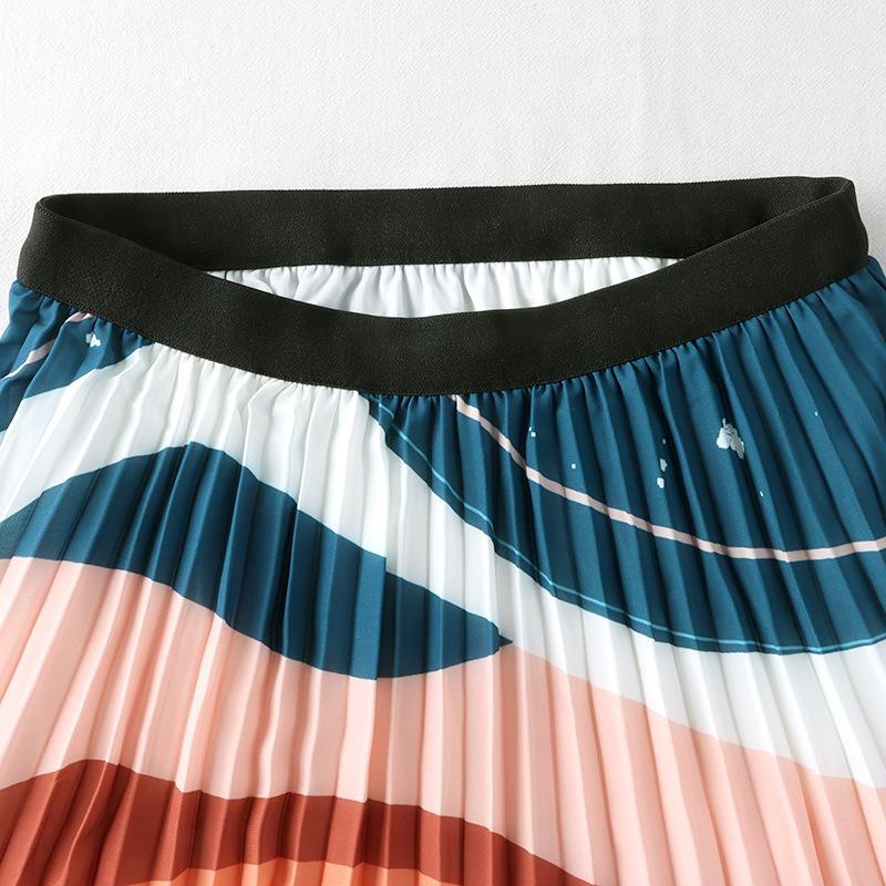 DX~~ New Retro Digital Print Skirt Women's High-waisted Slim Midi A-line Pleated Skirt