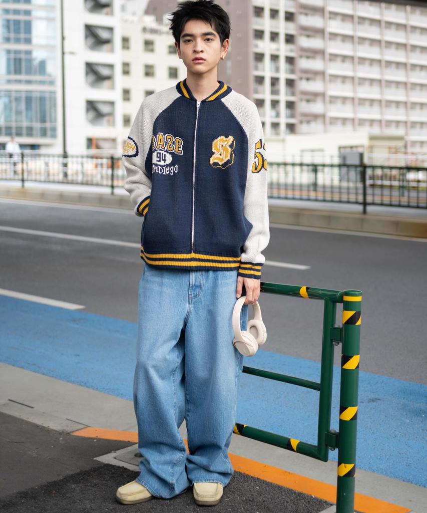 WEGO Unisex Jacquard Knit Stadium Size Navy Jacket, Outerwear, Streetwear, Casual, Fall/Winter, Gift, Men's, M,