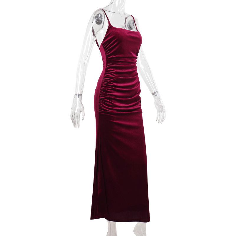 Fall Women's Fashion Sexy Temperament Velvet Pleated Waist Halter Dress
