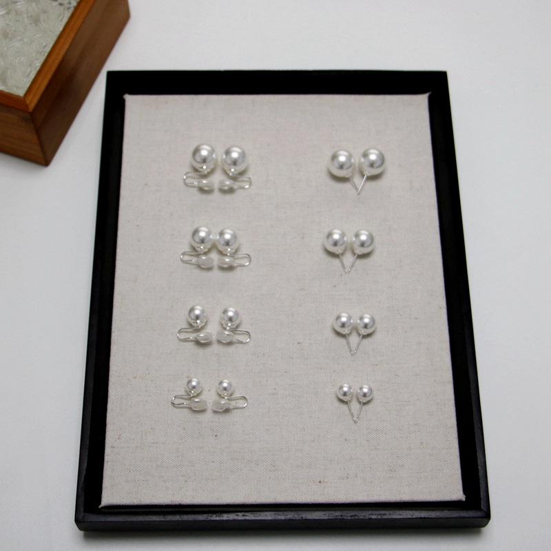 24 Retro Crystal Glass Pearl Stud Earrings with French 925 Silver Needles - Perfectly Round Ear Clips In Cool White Light