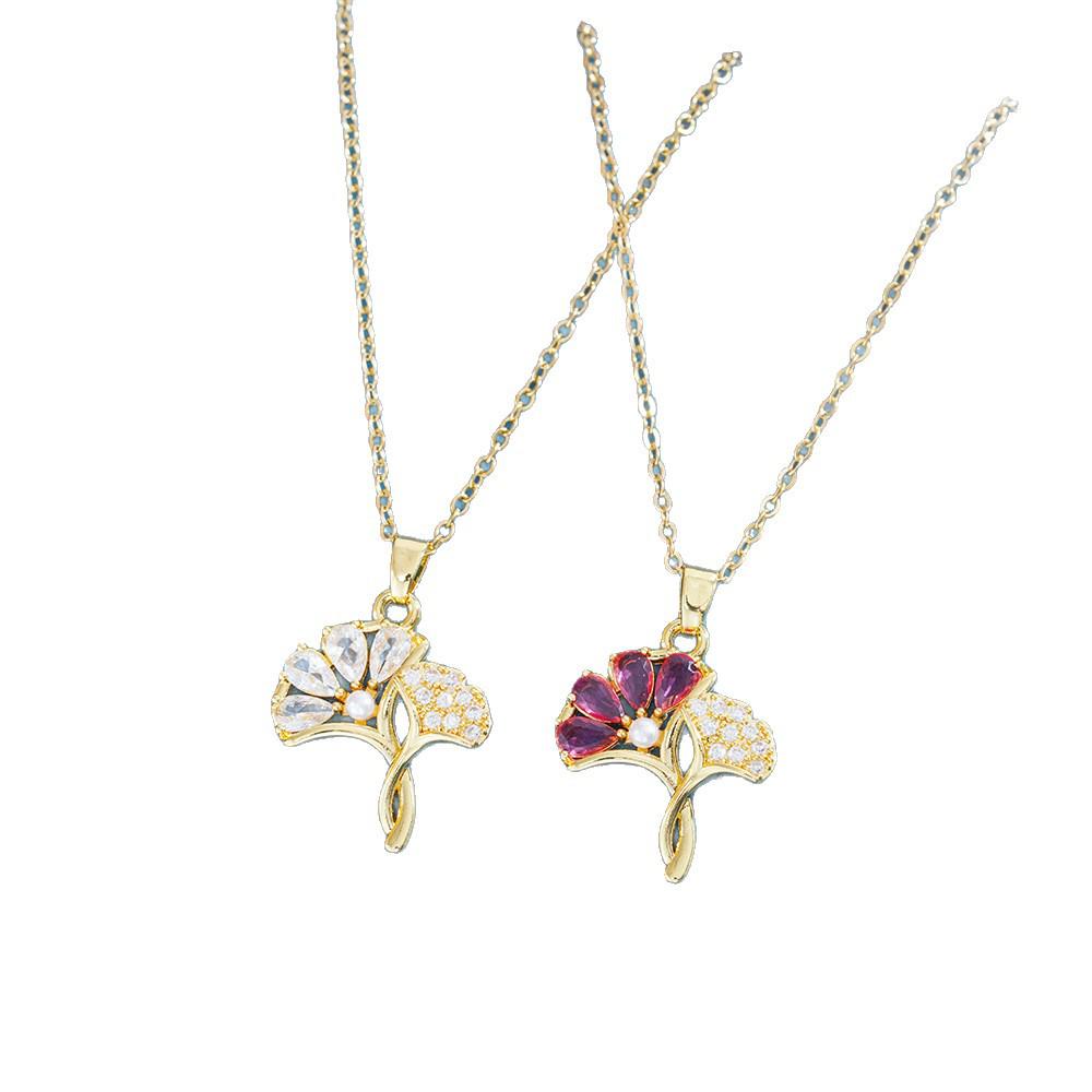 Exquisite Ginkgo Leaf Pendant Necklace with Cubic Zirconia