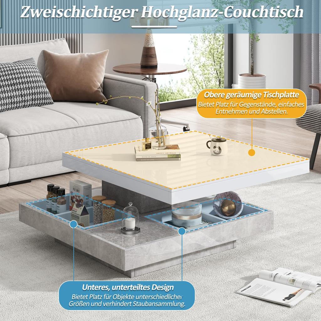 Couchtisch quadratische Drehbarer Moderner verstecktem Ablagefach, kreativer Sofatisch Kaffeetisch Mitteltisch Home Office, Weiß & Marmor