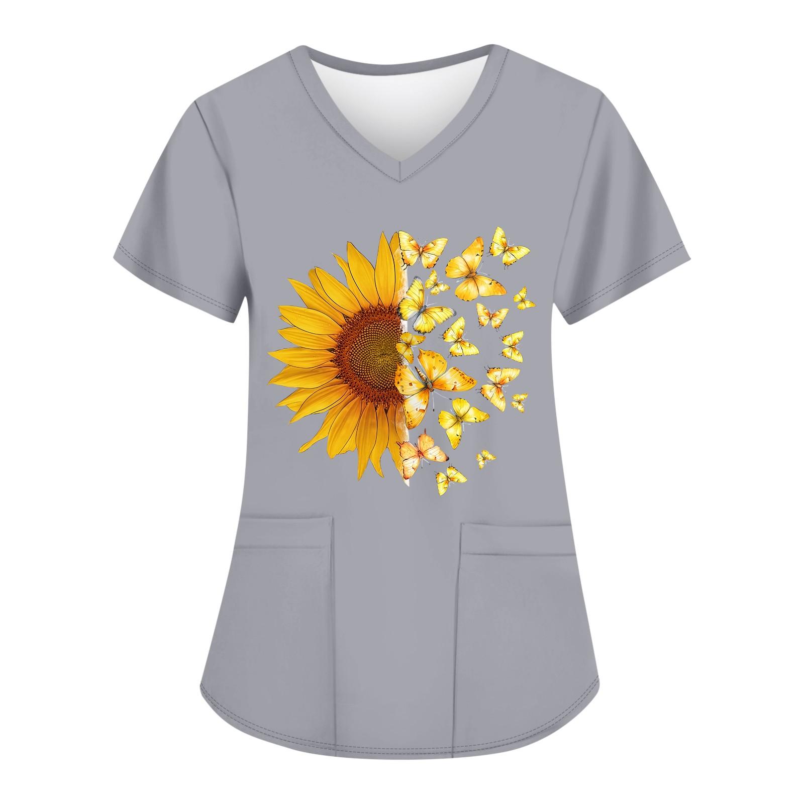 

Женские модные топы с короткими рукавами и V-образным вырезом с принтом, рабочие футболки с карманами L