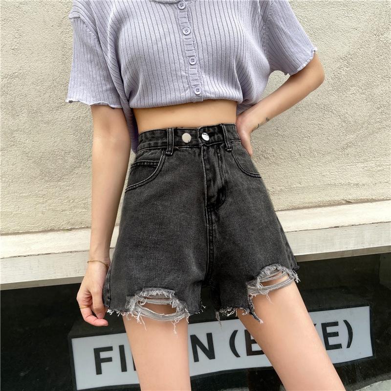 Classic and Minimalist Fashion Versatile Broken Holes Female Summer Thin High-waisted A-line Wide-legged Pants Denim Shorts Individuality Trendiness
