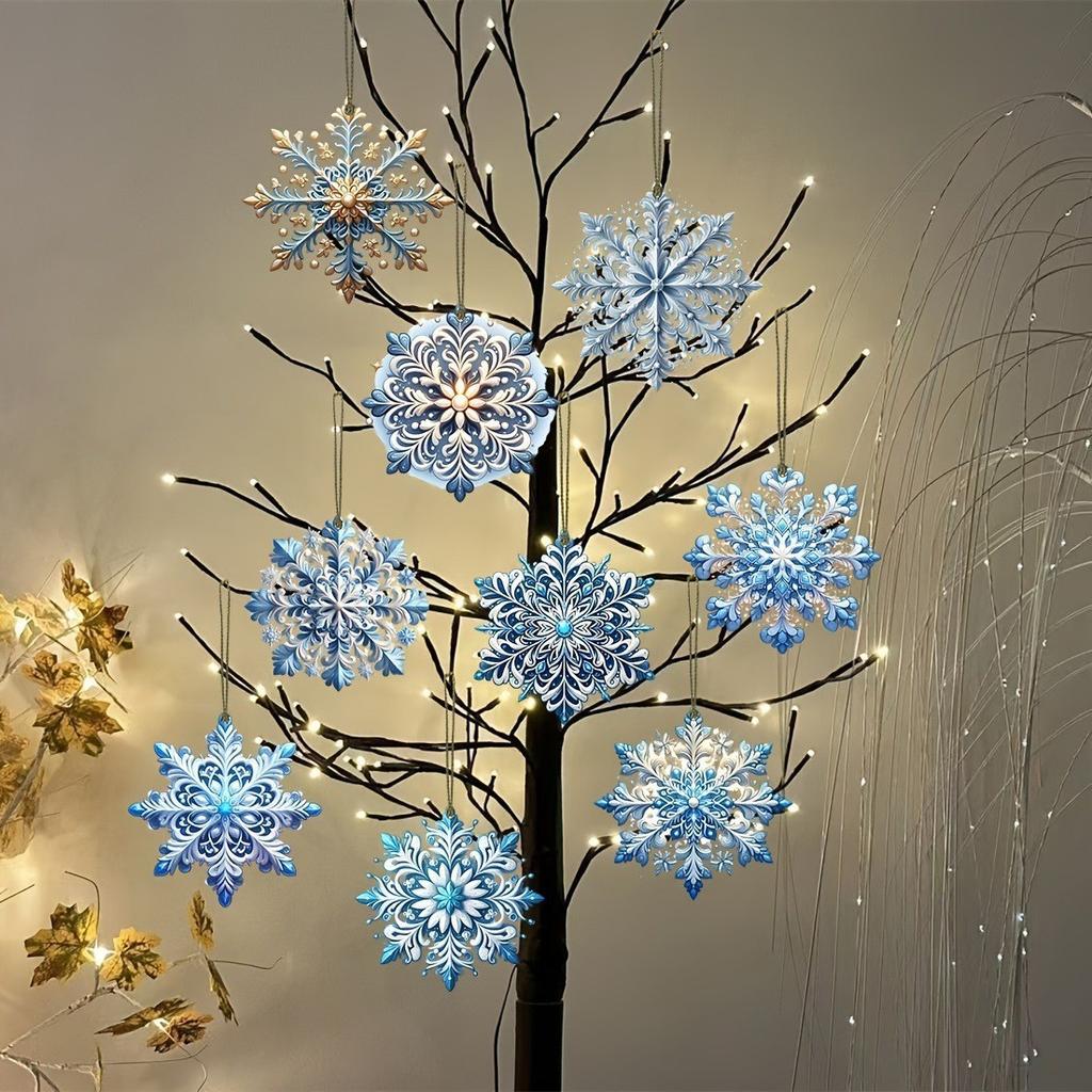 Blue Snowflake Wooden Ornaments Double-sided- Nordic Christmas Tree Decor & Cabinet Hanging for Holiday Home Party