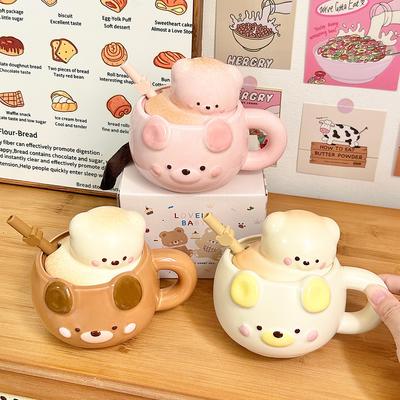 Cute Bear Ceramic Mug, Birthday Gift Cup, Gift Box For Girlfriends, Water Cup, Household Couple Cup With Lid