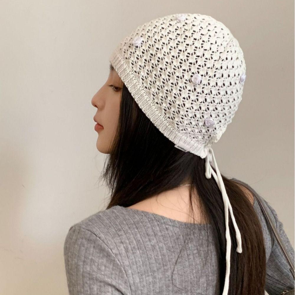 Hollowed Out Knitted Hat Casual Sun Visor Breathable Beret Cap  for Women