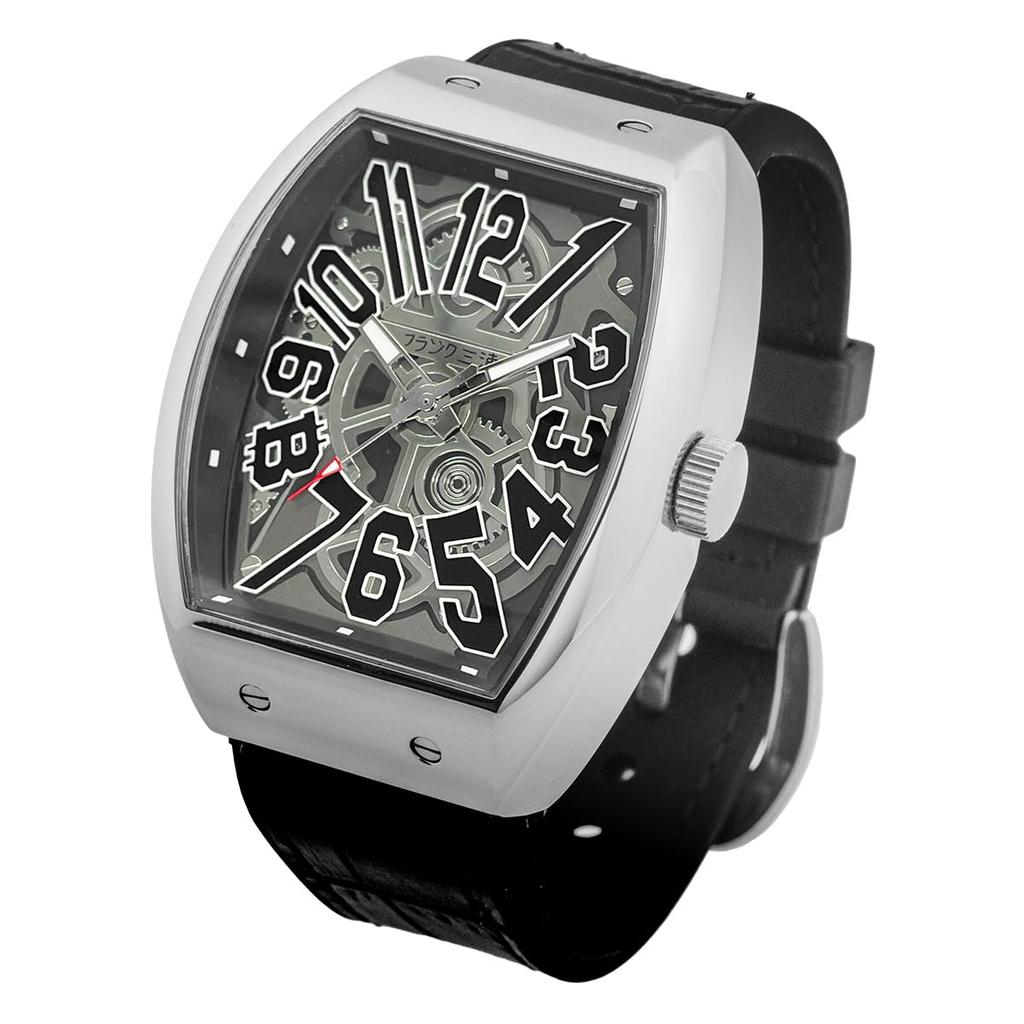 frank miura Herrenuhr, dreilagiges Kunstmodell, bunte Skelett-Tonneau-Form Uhr FM13K (FM13K-SVBK Schwarz)