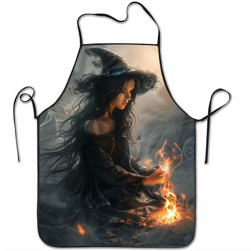 1pc of Charming Witch and Flame Print Sleeveless Polyester Apron - a Mysterious Home Kitchen Baking and Cooking Outfit with a Ma