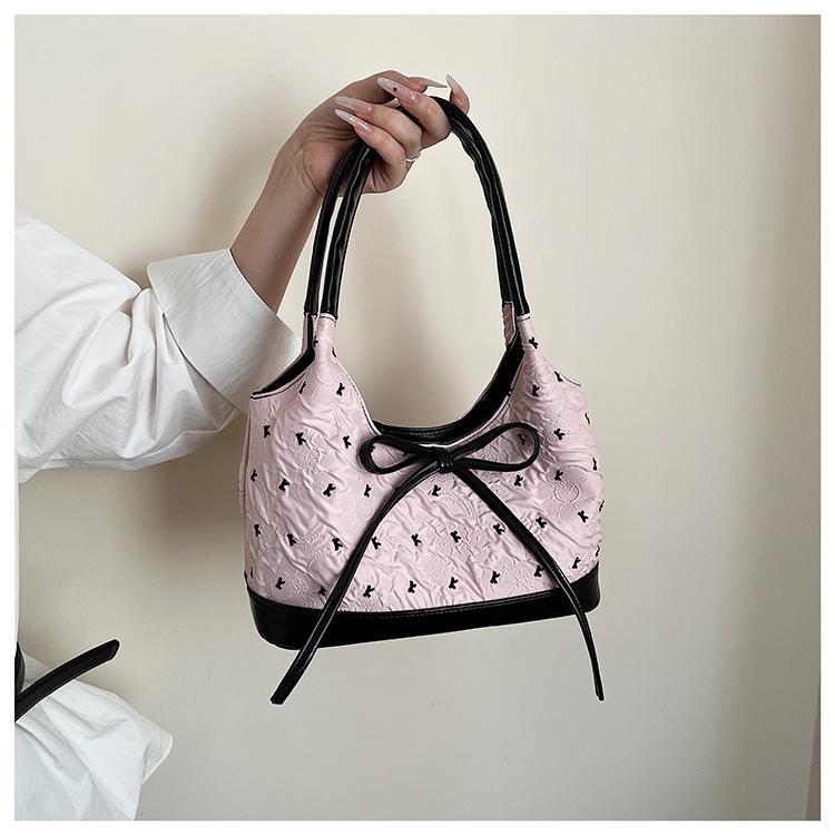 Bucket Bag Women's Bag 2025 New Summer Bow Shoulder Bag Literary and Leisure Tongkan Portable Tote Bag