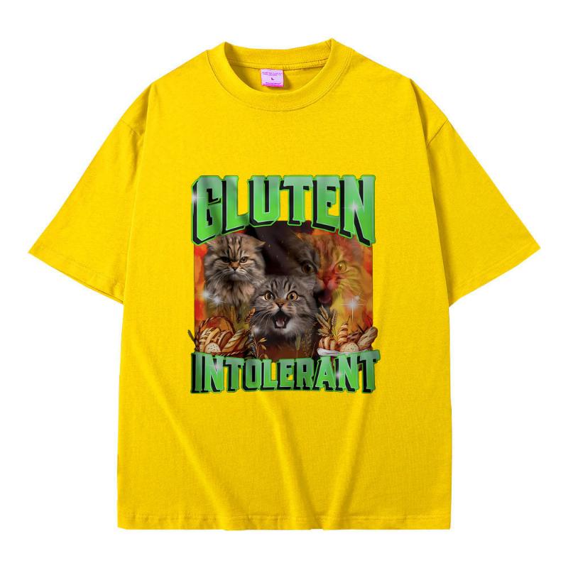 Gluten in Tolerant Cat Funny Meme Print T-shirt Male Fashion Oversized Streetwear Men Women Cozy Pure Cotton Short Sleeve