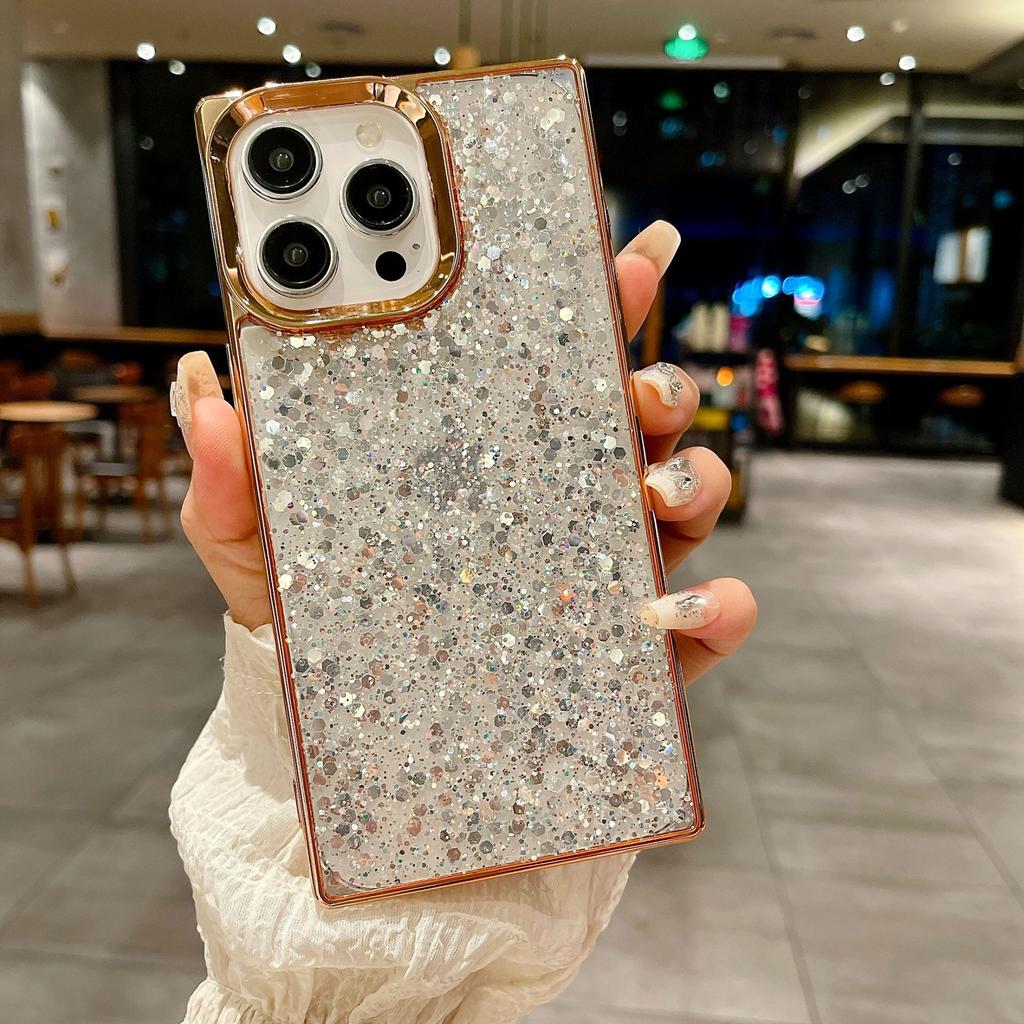 Electroplated square Epoxy sequin glitter iPhone16Promax mobile phone case for Apple 14Pro protective case