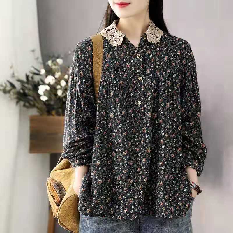 Camicie Casual da Donna a Maniche Lunghe Stile Vintage Primaverile Collo di Pizzo Stampa Floreale Ampie Top da Donna in Cotone Camicia