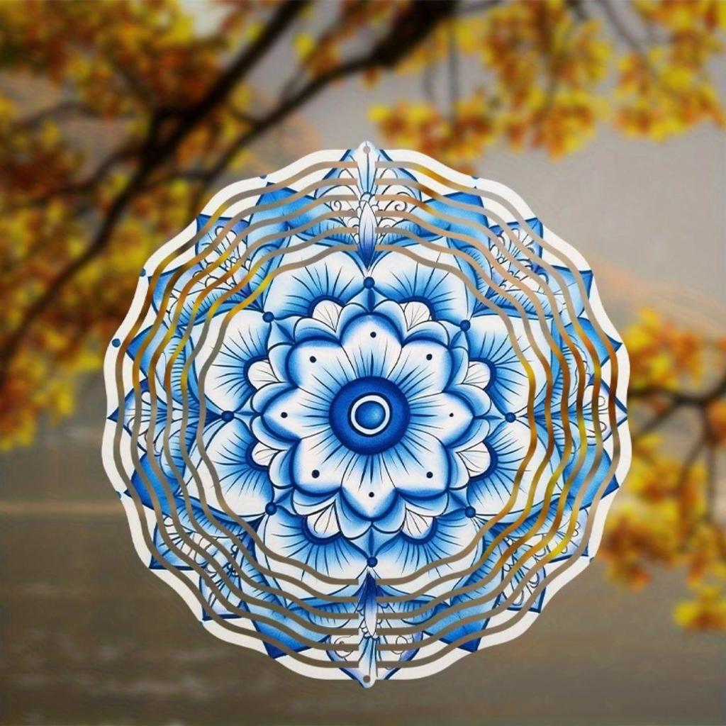 2D Mandala Flower Metal Wind Spinner - Blue & White Kinetic Hanging Decor for Indoor/Outdoor Use, Perfect Christmas & Thanksgiving Gift