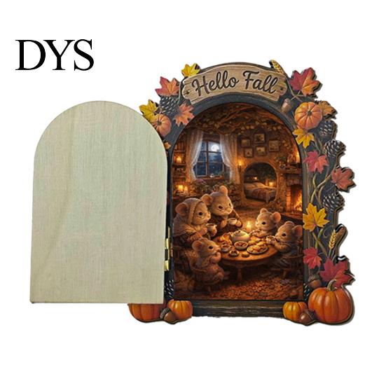 Fall Home Decor Accents Elf Wooden Door Halloween Decor, 2D Fairy Mouse Miniature Wall Rustic Autumn Shelf Hanging, Ornament for Home, Thanksgiving