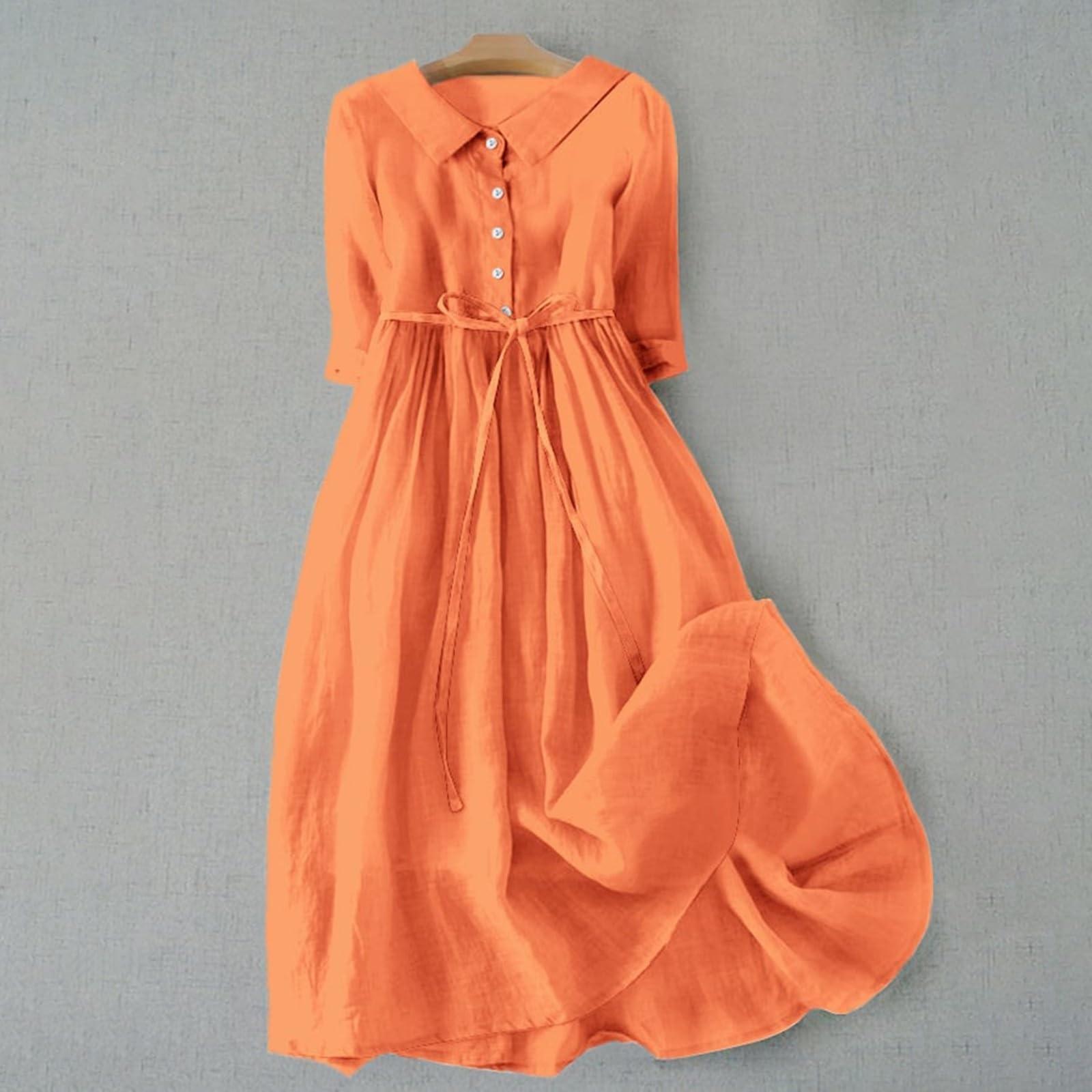 Повседневное универсальное однотонное платье из хлопка и льна XXXL шафрановый