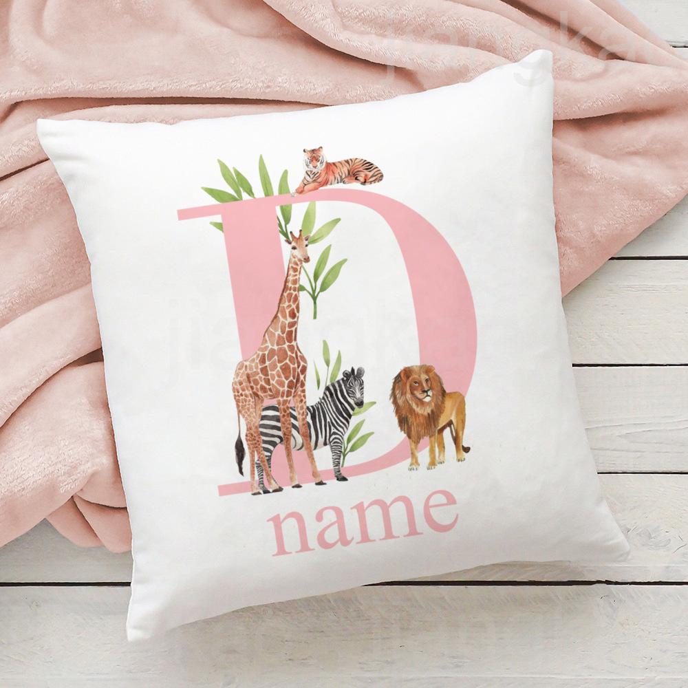 Personalized Pillow Case Initial with Name Safari Animal Pillow Cover Kids Bedroom Wild Party Decor Kids Birthday Shower Gift