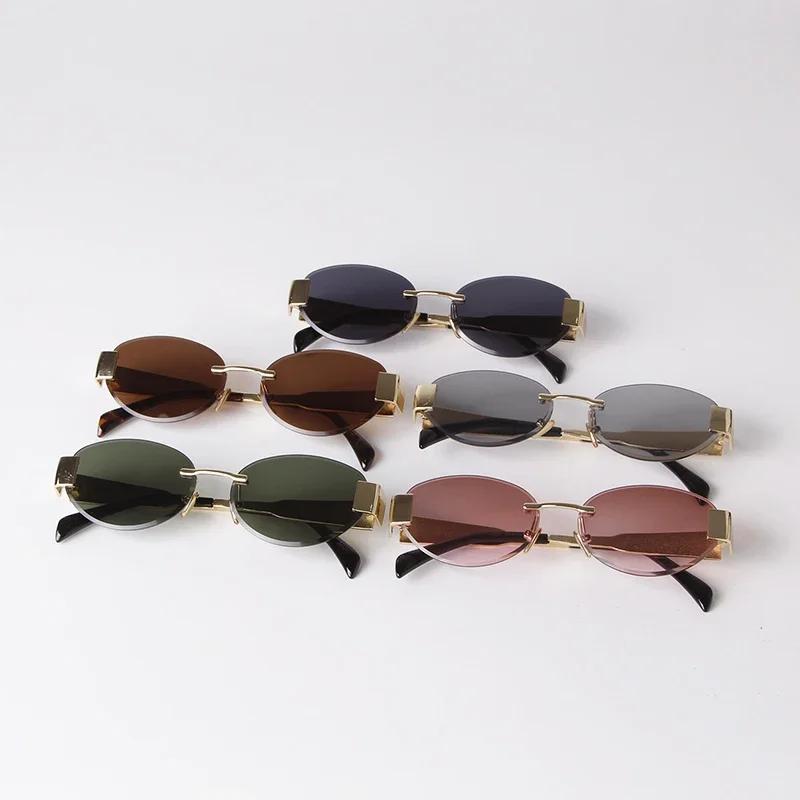 Luxury Metal Frame Women Rimless Oval Sunglasses Design Brown Sun Glasses Men Classic Frameless Round Shades Sun Glasses