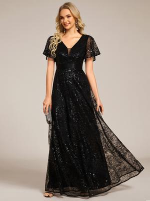 Ever-Pretty Women's Exquisite Illusion V-neck Sequin Embroidery Maxi Evening Dresses with Ruffles Sleeve