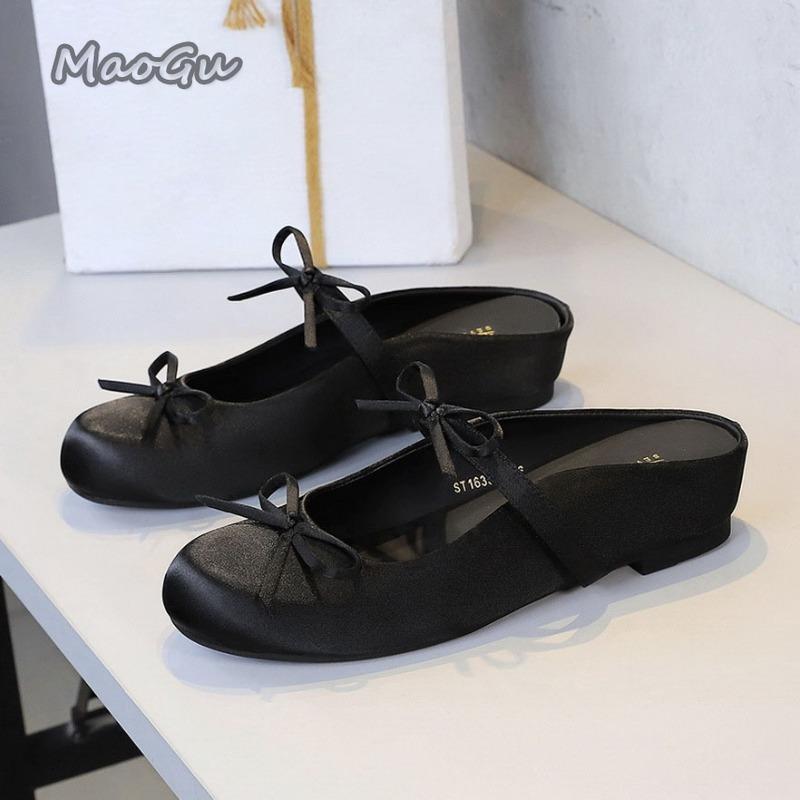 

Fashion Women s Sandals Satin Low Heeled Flat Shoes Female Round Head Leisure Bow Mules Comfortable Slip on Sandalias De Mujer Size35-40 35 чёрный