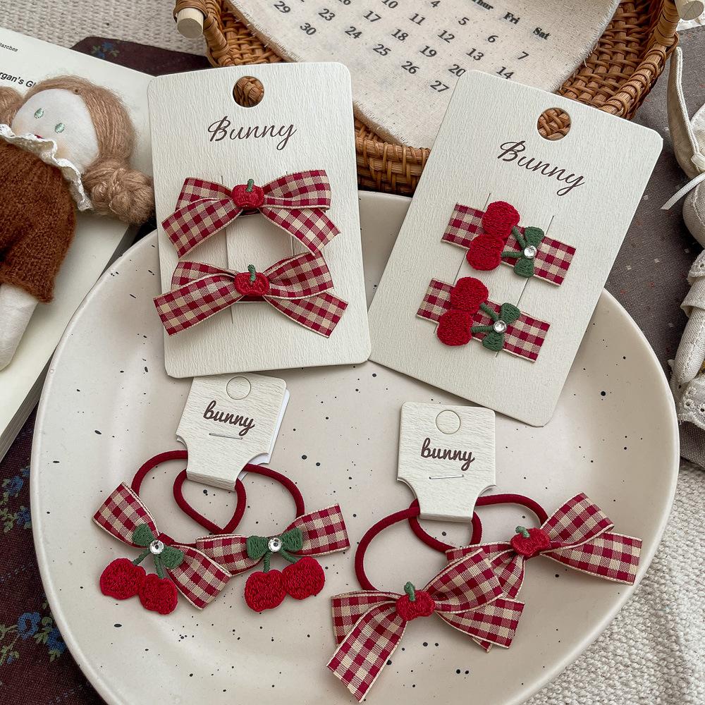 2pcs Red Plaid Bow Cherry Apple Children's Hairpin Cute Girl Elastic Hair Band Hair Rope Tie BB Clip Sweet Baby Hair Accessories