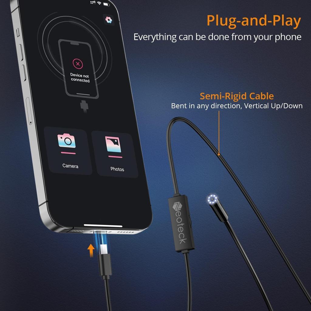 Neoteck Fiberscope Endoscope 5m 8 LED Industrial Snake IP67 Compatible with Air and Industrial Japanese Instruction Manual Camera, 1920P, Cable,