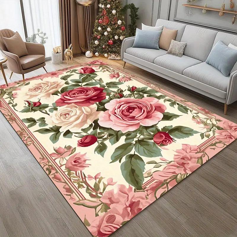 Classic Vintage Floral Rose Printed Carpet Luxurious Modern Living Room Bedroom Office Decor Non-Slip Machine Washable Floor Mat