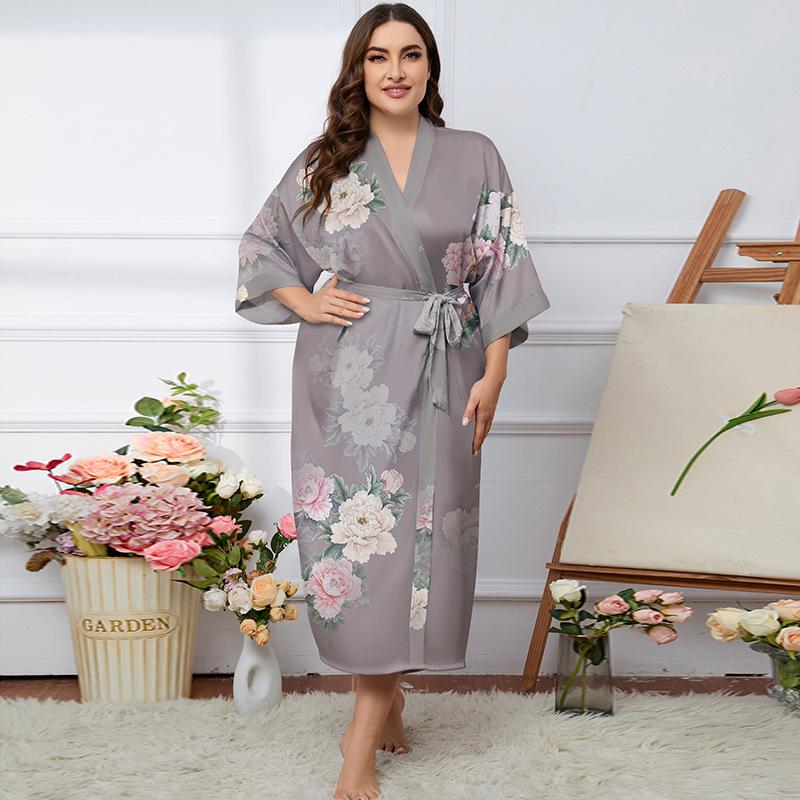 Übergröße Satin Sommer Pyjama & Bademantel Set für Damen - Leichter Luxus Eisseide