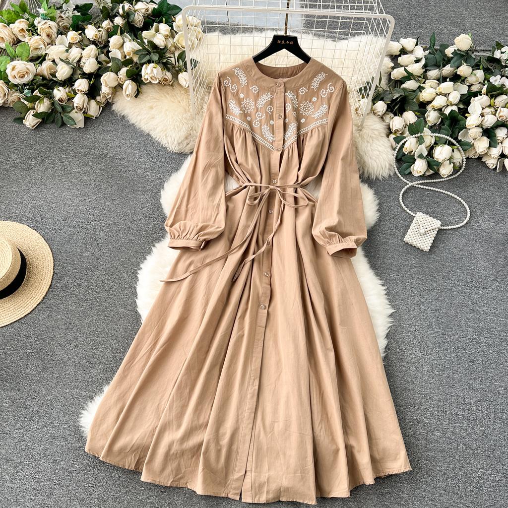 Bohemian Long Dresses for Women O Neck Lantern Sleeve Embroidery Holiday Vestidos A-line Lace-up Autumn Dress Vintage