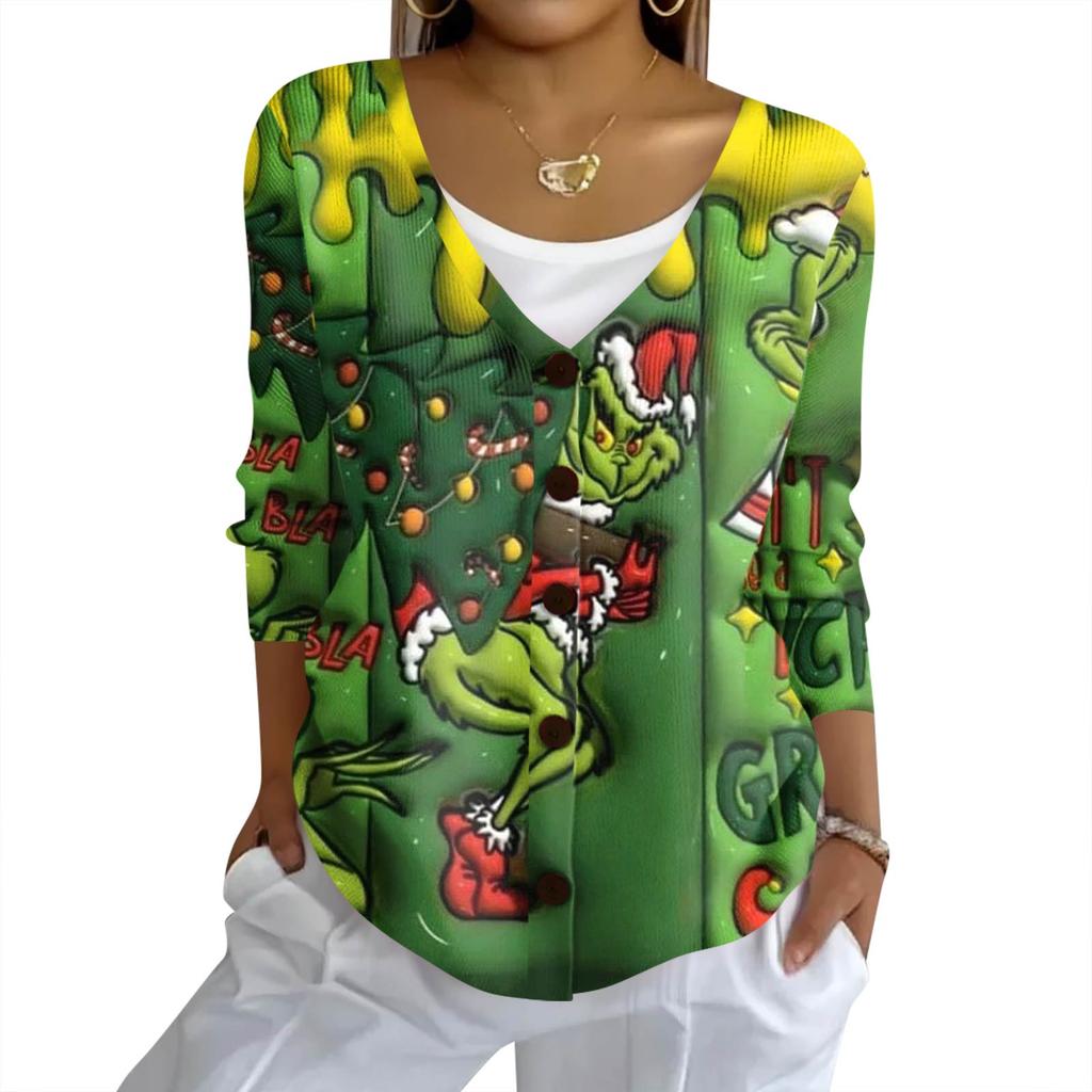 Women's Fashion Casual Knit Sweater Button-Up Christmas Print Cardigan Jacket