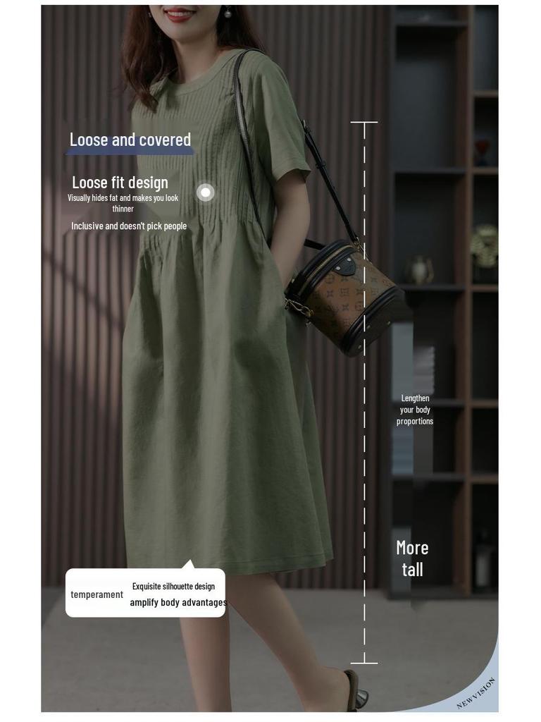 Lockeres Baumwoll-Leinen-Midikleid im koreanischen Stil mit Akkordeonfalten, Sommer 2023 - Figurschmeichelndes Kurzarmdesign für Frauen