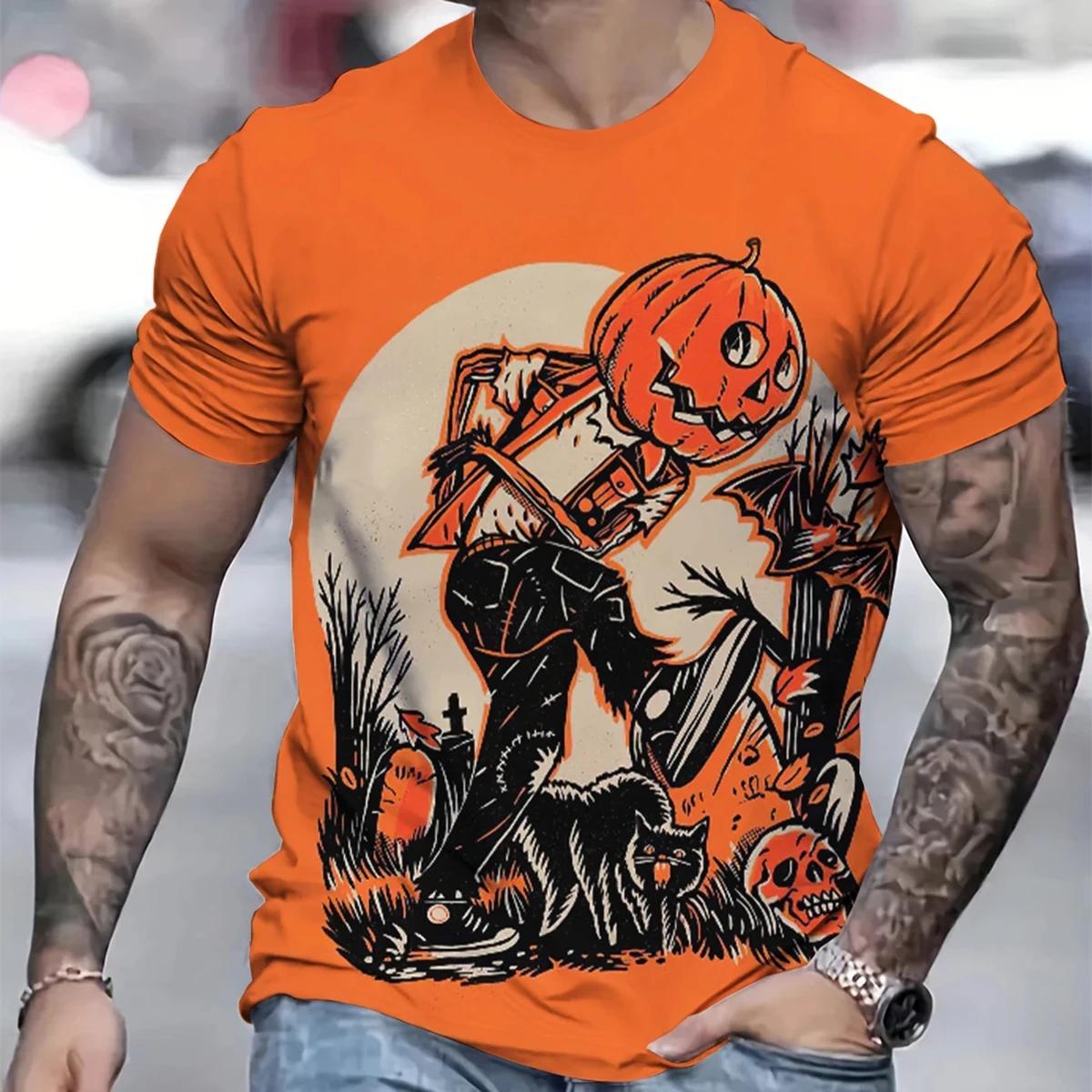 Summer Men s 3D Halloween Printed Crew Neck T-Shirt Fashion Versatile Breathable Trend Casual XS