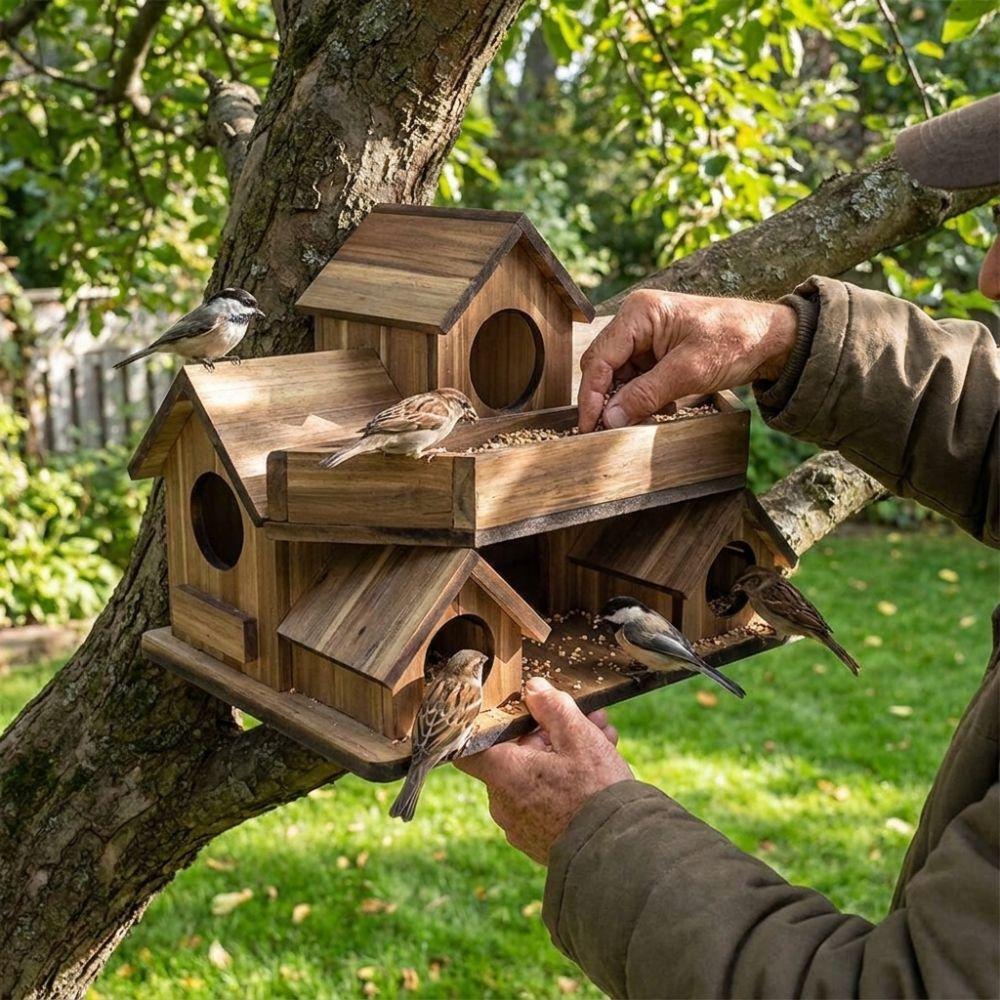 Casa de Pájaros de Madera Hecha a Mano Resistente a la Intemperie Impermeable Caja de Cría de Pájaros 3 Habitaciones Espesada Villa de Pájaros Nido Exterior