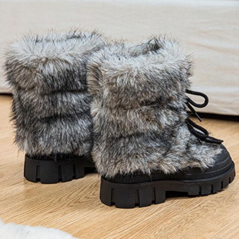 Fashion Sweet Black Lace-up Bow Platform Snow Boots Women Fashion Fluffy Designer Flat Cotton Boots Comfortable Warm Winter Ankle Boots