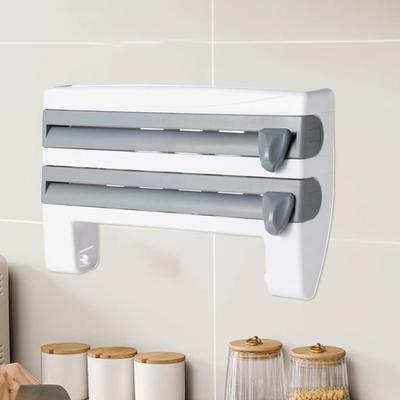 Cling Wrap Dispenser with Cutter Punch-free Kitchen Film Wrap Storage Organizer Wall-mounted Aluminum Foil Storage Rack