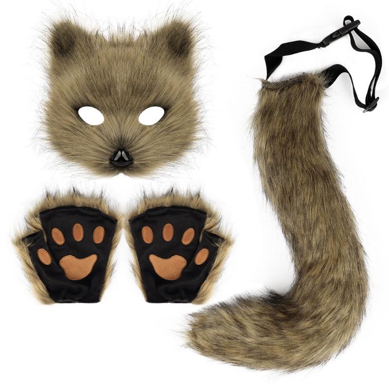 Halloween Decoration Set Simulated Fox Mask Gloves Plush Fox Tail Cosplay props and accessories