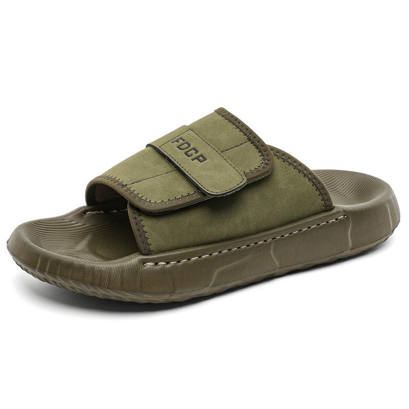 

2025 summer new men s beach shoes wear one-word sandals Velcro flat slippers 651208-J 38 оливковое зеленый
