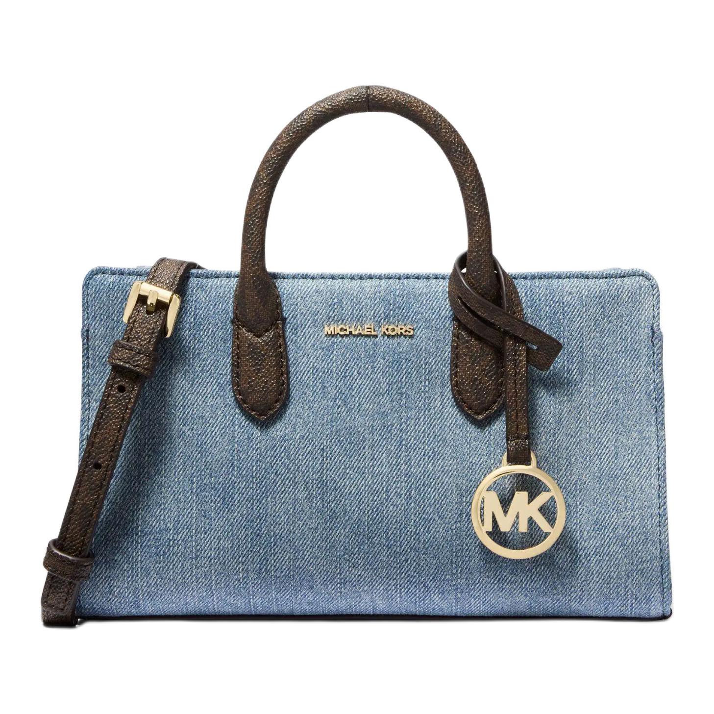 

Michael Kors Scarlett Hardware Design Faux Leather And Fabric Crossbody And Tote Bag Mini Women Bags Denim-Blue Dark-Brown 32S6GETC0C-MIDNIGHT Basic Set (Bag+Dust Bag)