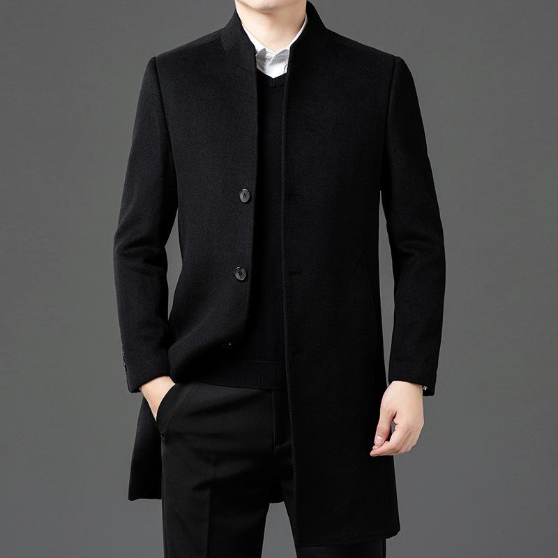 Autumn and Winter, Middle-aged and Elderly Men's Double-sided Tweed Stand Collar Coat Business Casual Mid-length Jacket High-end Dad Outfit