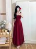 Red Suspender Dress Women's Summer French Square Neck Sleeveless Waist Birthday Party Toast Dress Engagement Dress