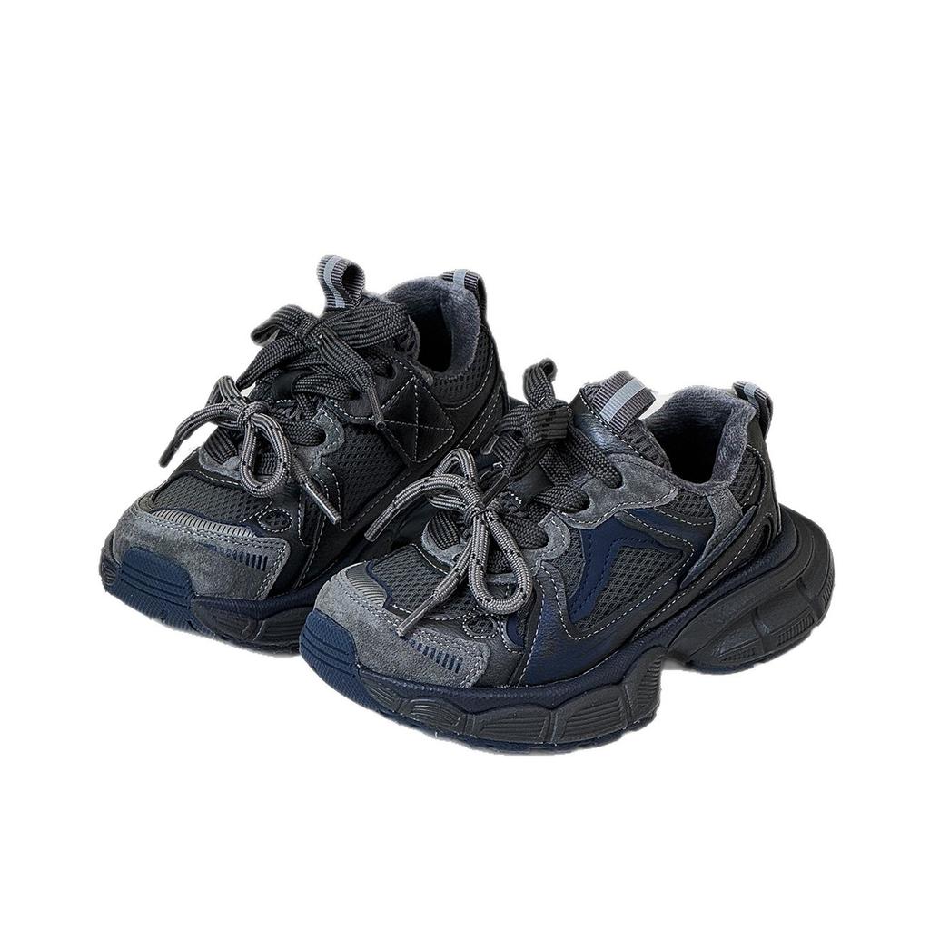 2025 winter new children's sports shoes two cotton shoes fashionable retro double lace-up velvet boys and girls dad shoes