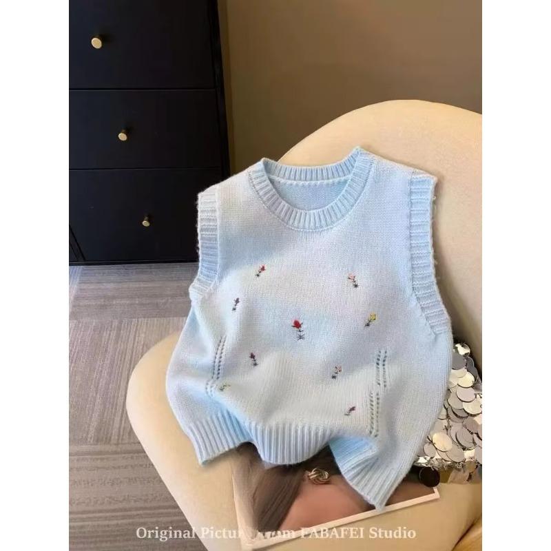 Flower Embroidered Autumn Knitted Vest Women College Korean Fashioest Fashion O Neck Sleeveless Coat Windproof Knit Tops